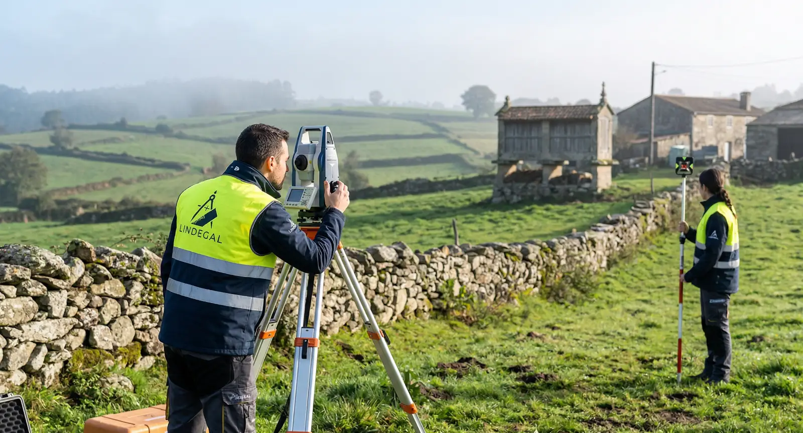 Topógrafo en Galicia midiendo finca